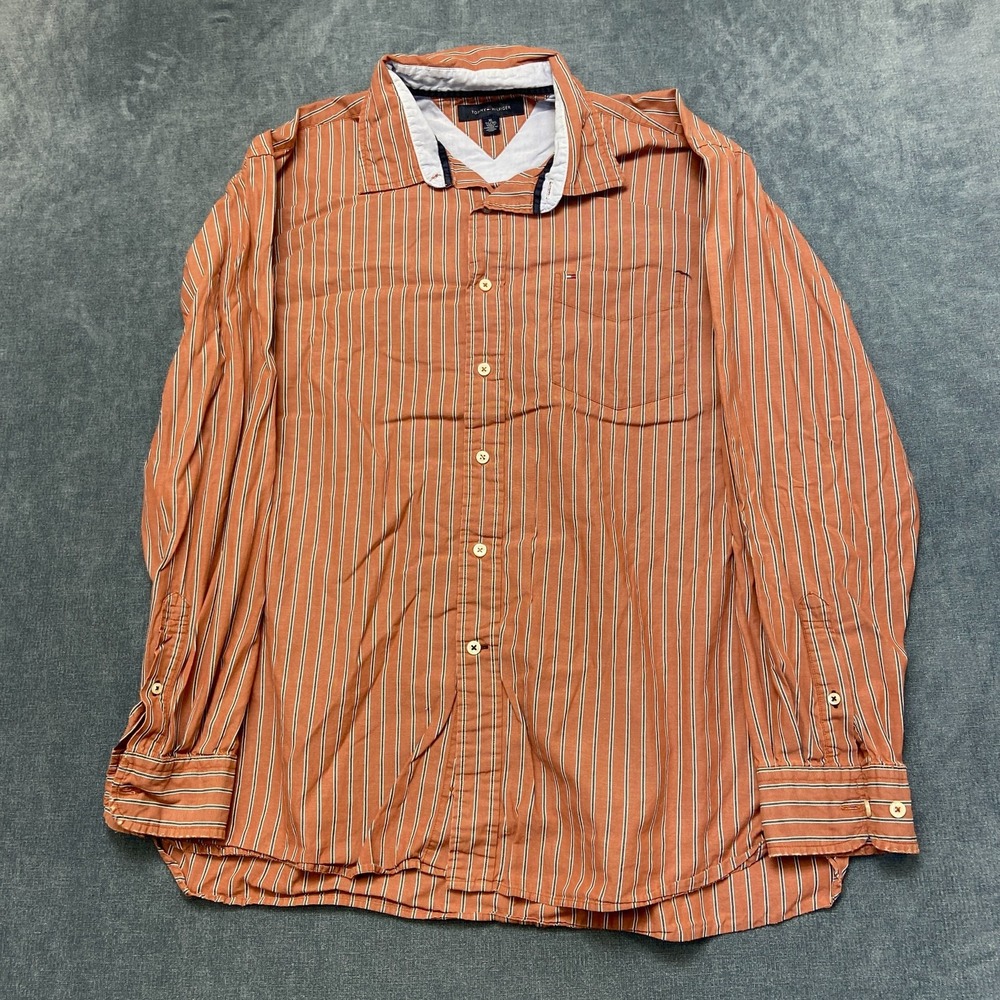 Tommy Hilfiger Shirt Mens XL Orange Striped Chest Pocket Long Sleeve Button Up